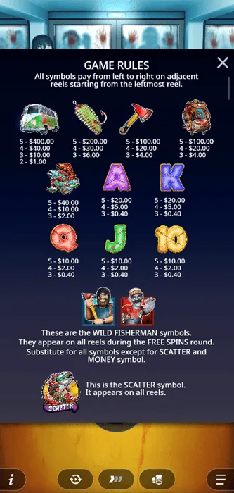 Paytable showing symbol values and game rules