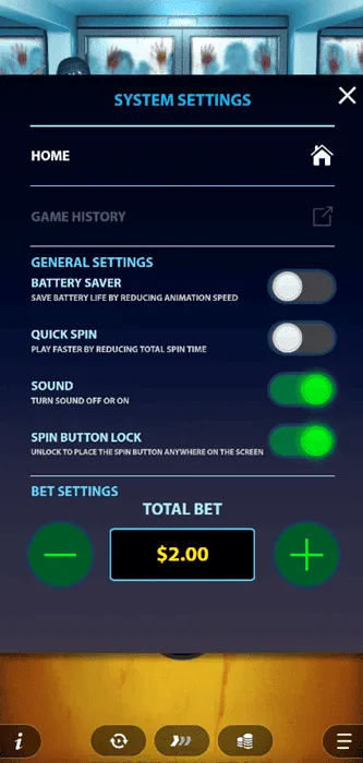 Game settings menu with game history