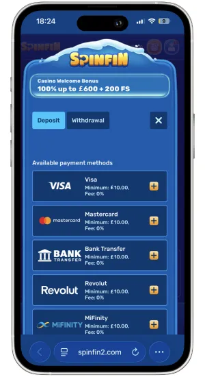 Deposit page showing available payment methods