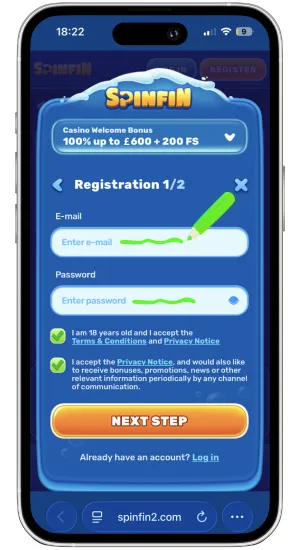 Registration form with email and password fields